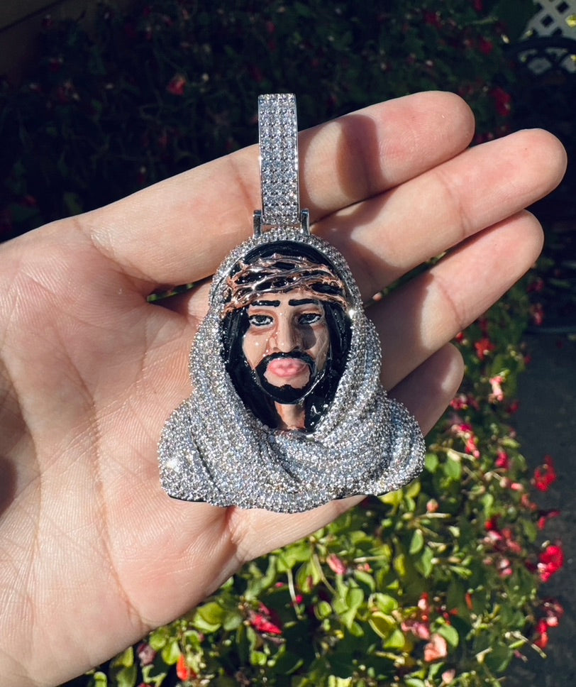 Iced Out 3D Jesus Bust Pendant - Enamel Finish- Miles Jewellery
