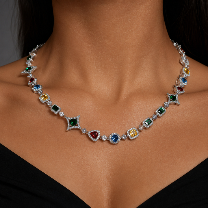 Necklace with multicolored stones in assorted shapes worn around the neck