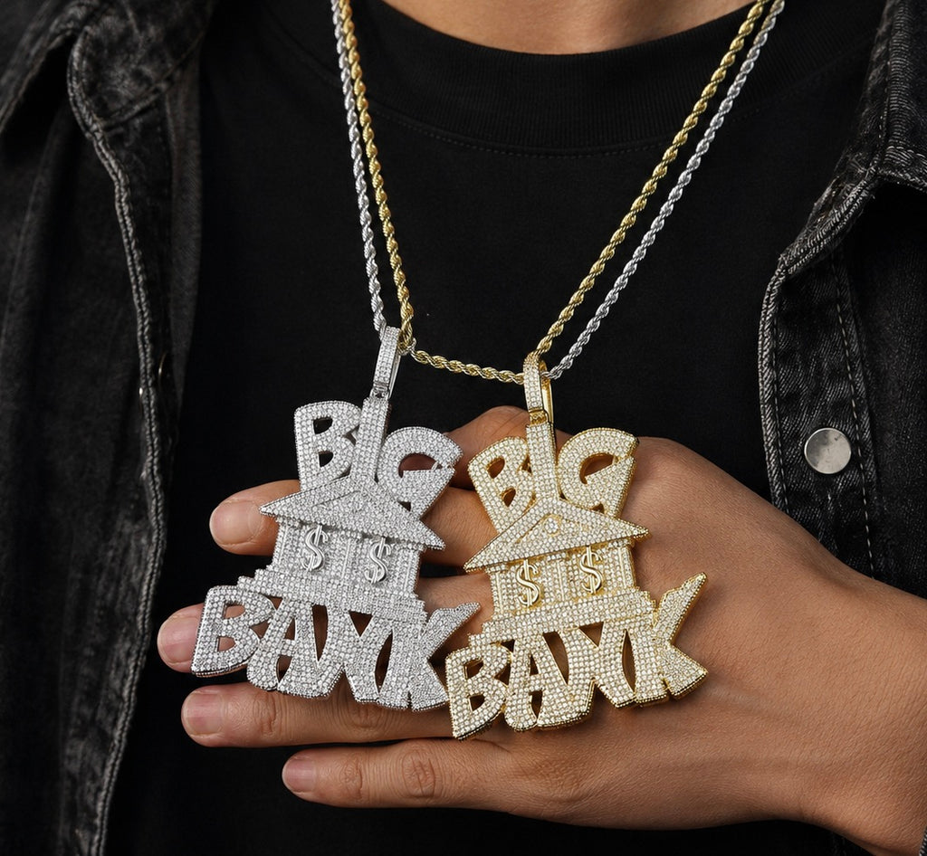 Iced Out BIG BANK Pendant - CZ Hip Hop Money Bag Jewelry - Miles Jewellery