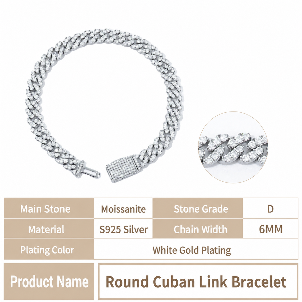 6/10mm VVS Moissanite Cuban Chain – 925 Sterling Silver