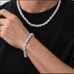Matching rope necklace and bracelet worn together with a black shirt