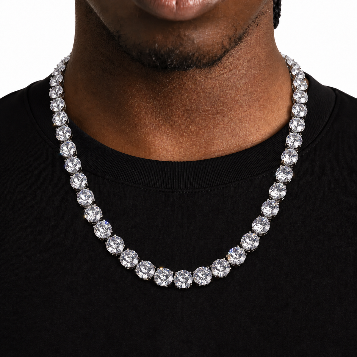 Model wearing a silver-tone round cubic zirconia tennis chain