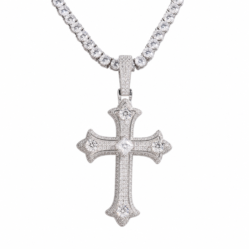 Moissanite gothic cross pendant in white gold finish