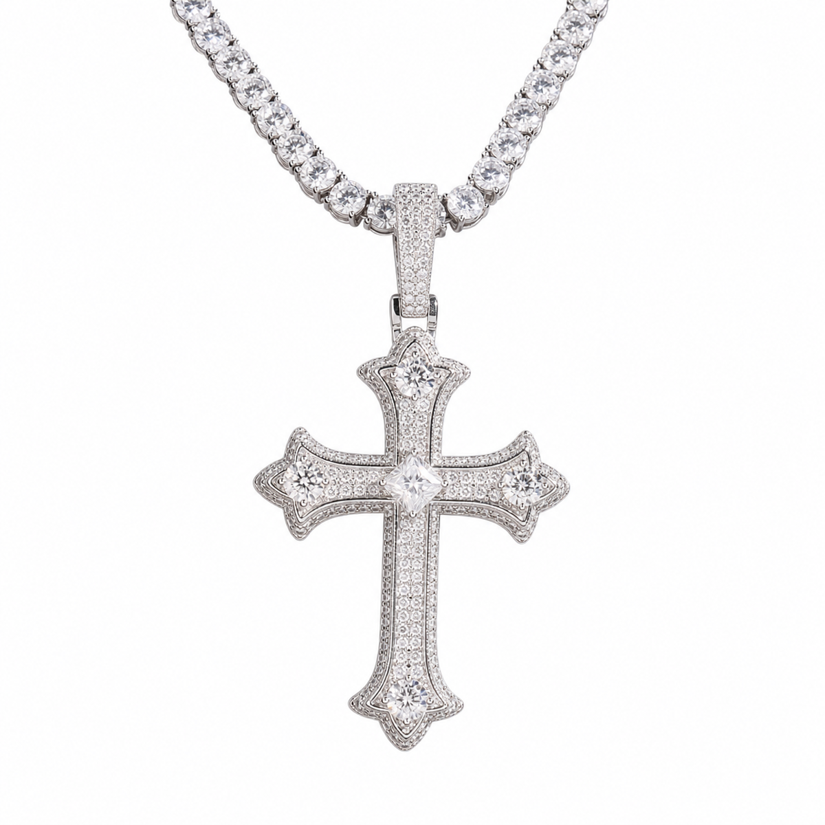 Moissanite gothic cross pendant in white gold finish