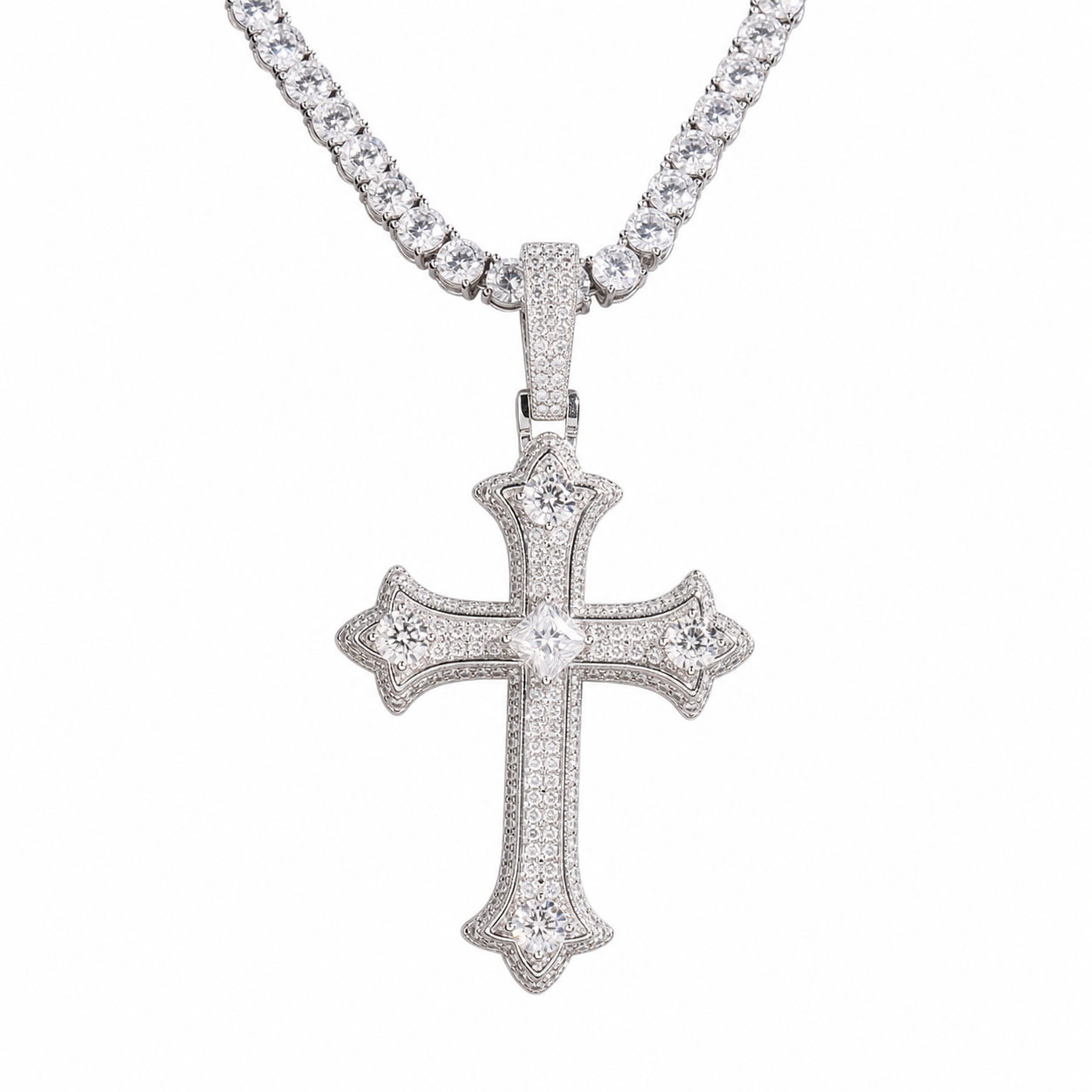 Moissanite gothic cross pendant in white gold finish