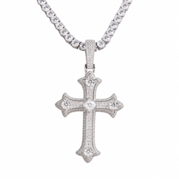 Moissanite gothic cross pendant in white gold finish