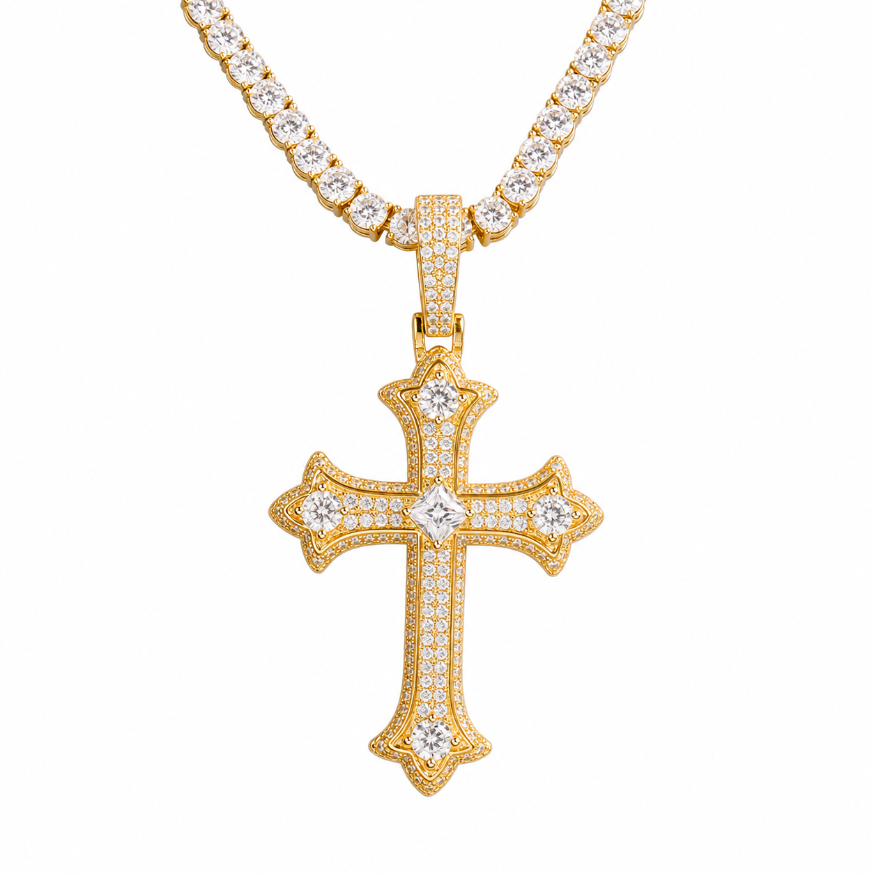 Gold moissanite gothic cross pendant 925 silver