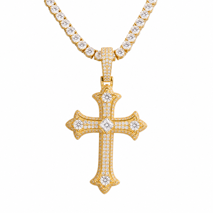 Gold-tone gothic cross pendant with clear stones on a chain