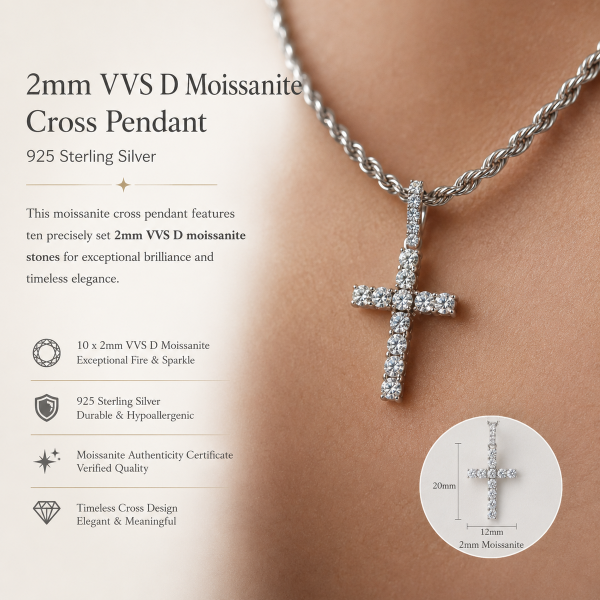 2mm VVS D Moissanite Cross Pendant - 925 Sterling Silver