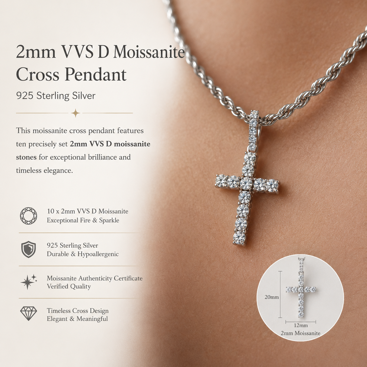 2mm VVS D Moissanite Cross Pendant - 925 Sterling Silver