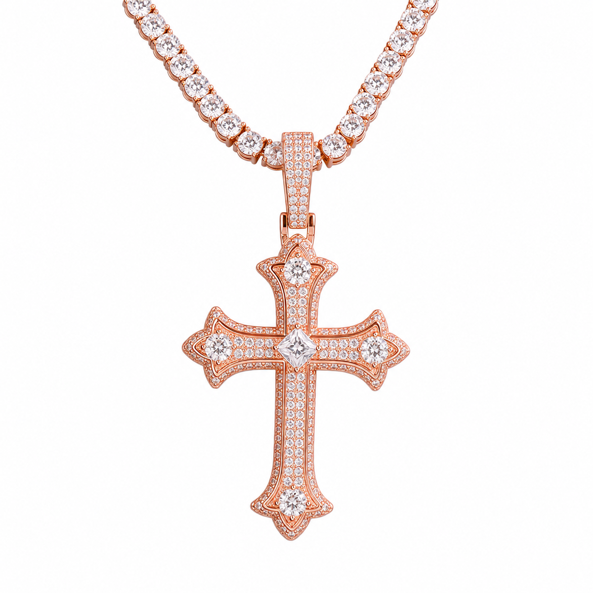 Rose gold iced out gothic cross pendant