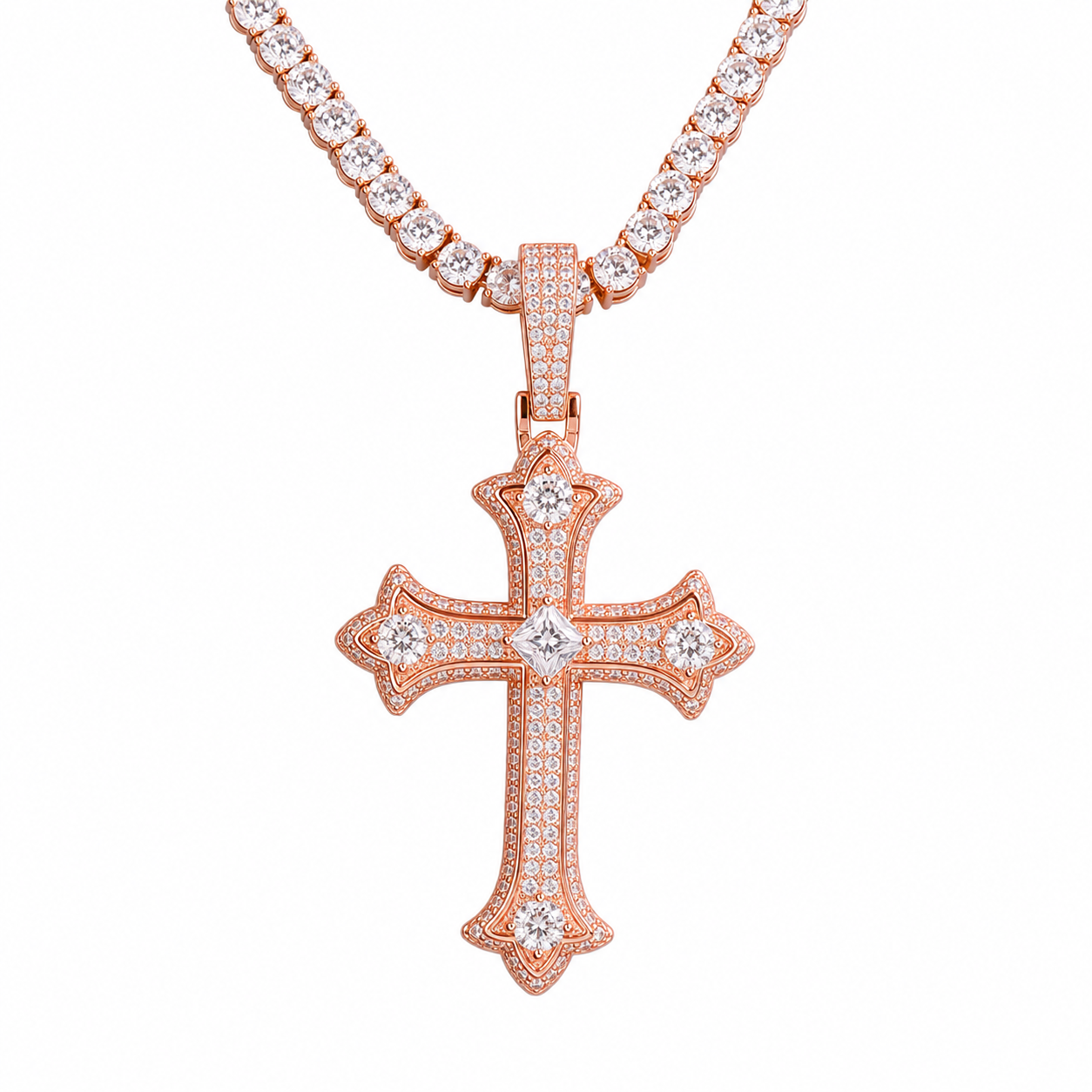 Rose gold iced out gothic cross pendant
