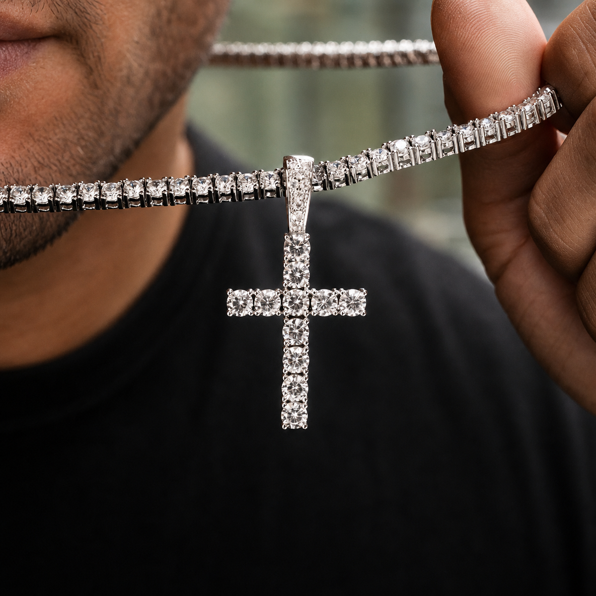 Iced out 4mm moissanite cross pendant with 4mm tennis chain