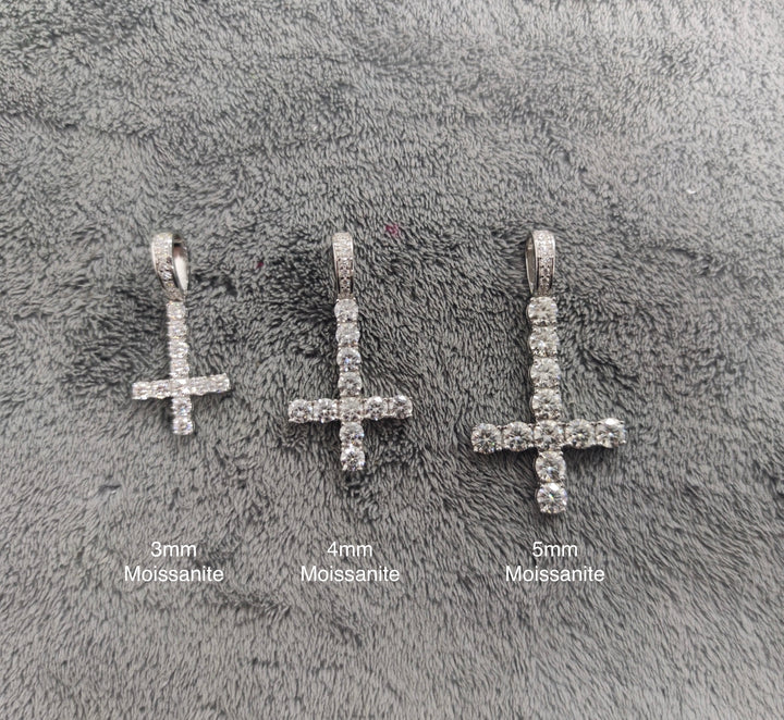 Inverted cross pendants on gray fabric with stone sizes labelled 3mm, 4mm and 5mm