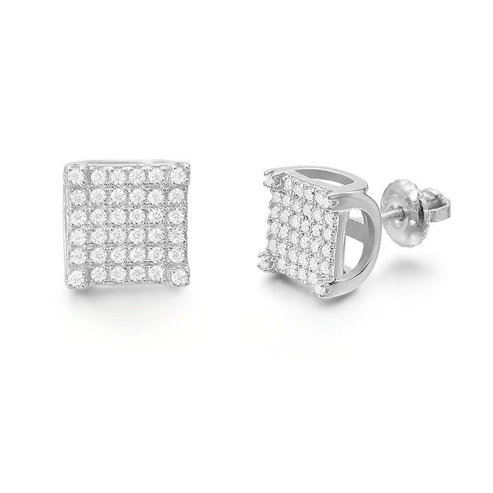 Square silver-tone stud earrings set with a grid of clear stones