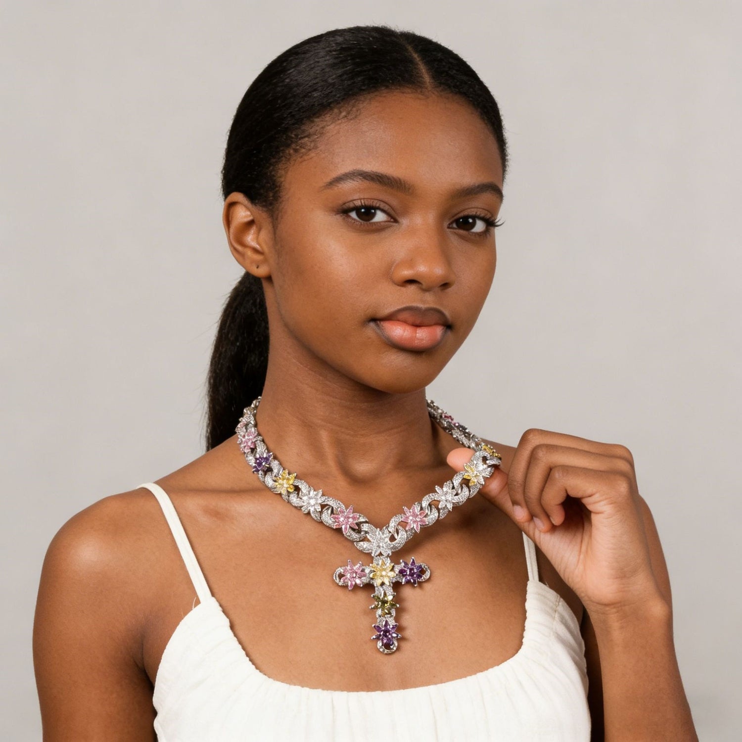 Iced Out Color Flower Cross Pendant Necklace — product image 4