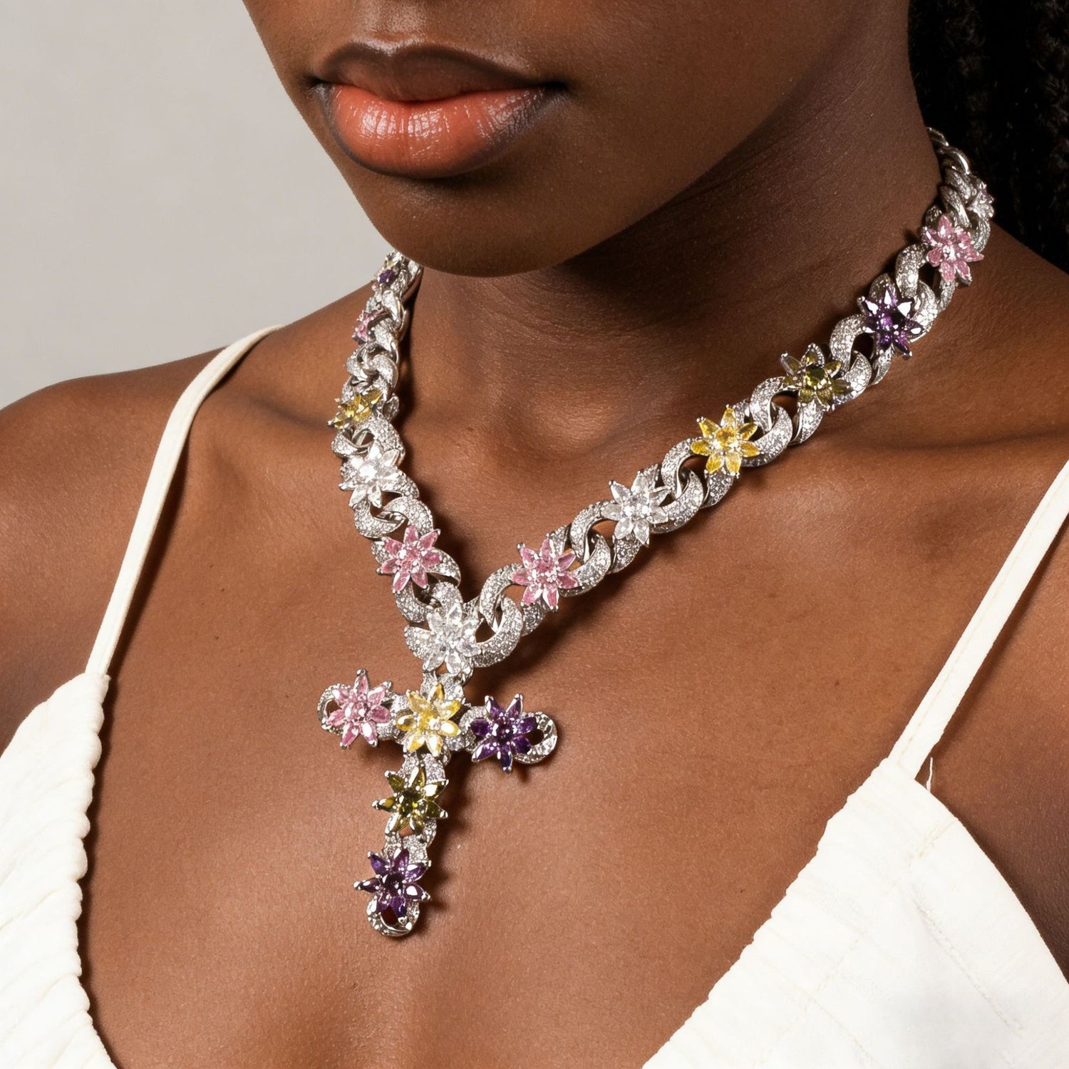 Iced Out Color Flower Cross Pendant Necklace — product image 3
