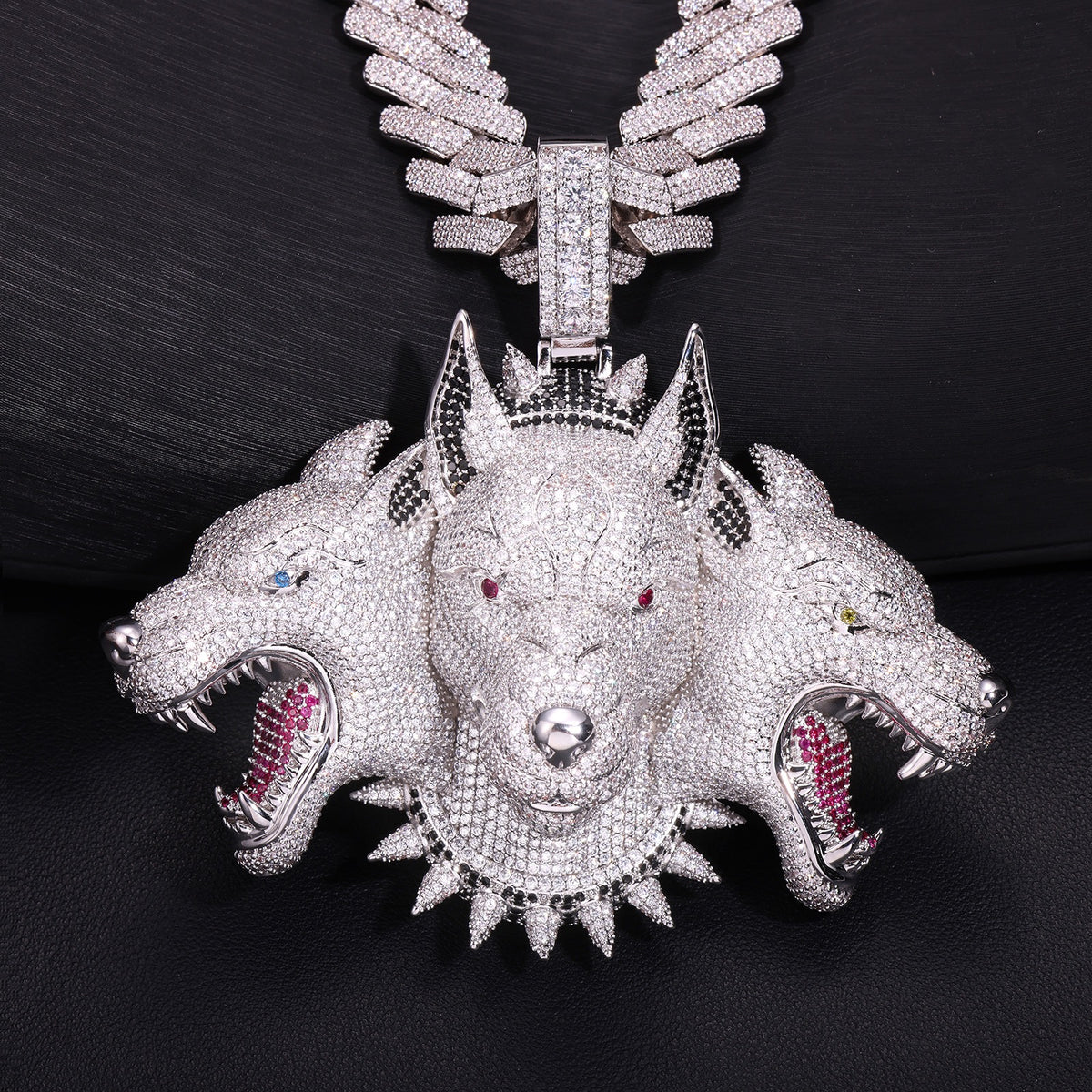 Silver iced Cerberus pendant three-head with a Silver Cuban Chain