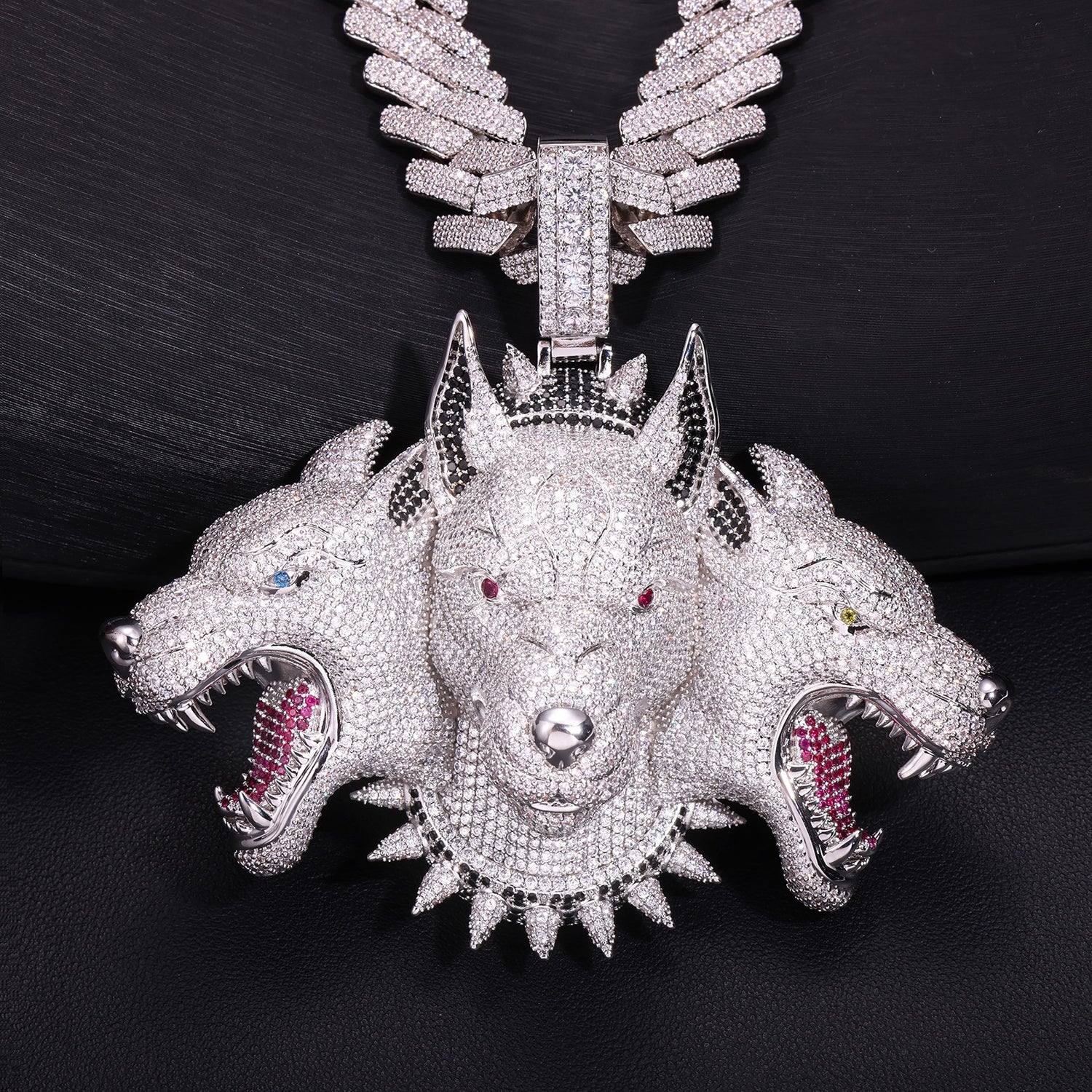 Silver iced Cerberus pendant three-head with a Silver Cuban Chain