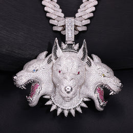 Silver iced Cerberus pendant three-head with a Silver Cuban Chain