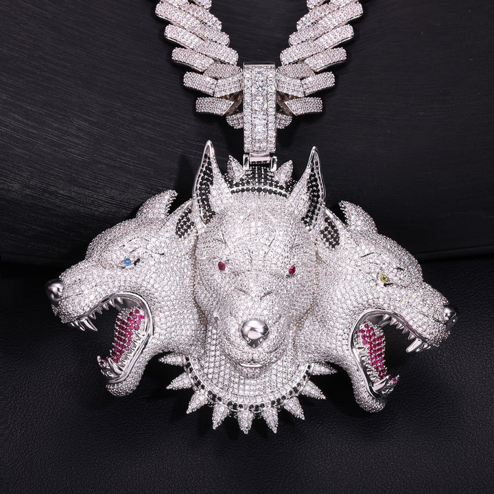 Silver iced Cerberus pendant three-head with a Silver Cuban Chain