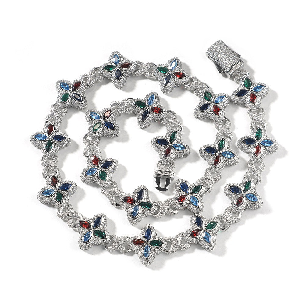 Iced Large Clover Chain – Colorful CZ Lucky Clover Necklace- Miles Jewellery