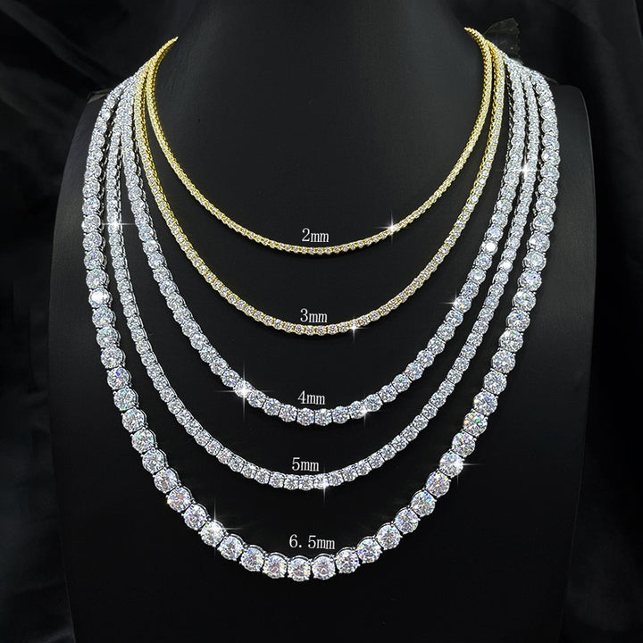Tennis necklace width comparison labelled 2mm, 3mm, 4mm, 5mm and 6.5mm on a black bust