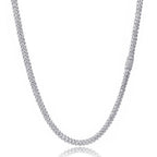 Iced out silver tennis chain with round cut stones on white background - Miles Jewellery