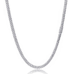 Iced out silver tennis chain with round cut stones on white background - Miles Jewellery