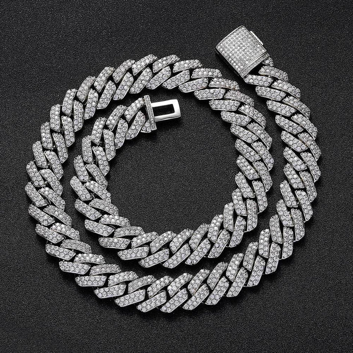 Iced out Cuban link chain with clear stones on black background - Miles Jewellery
