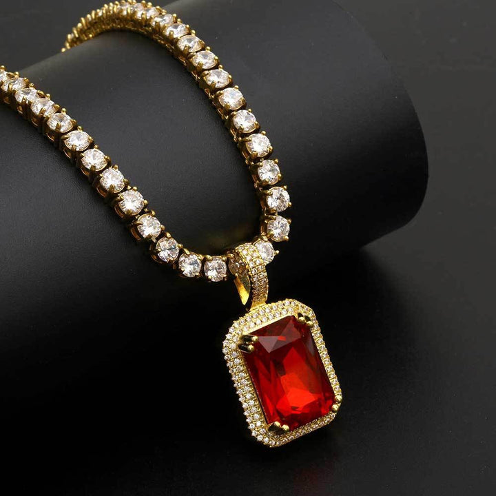 Gold-tone halo pendant with a rectangular red stone on a tennis chain