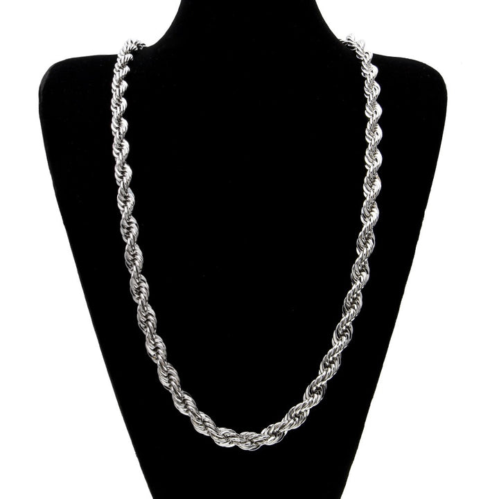Silver-tone rope necklace on a black display bust