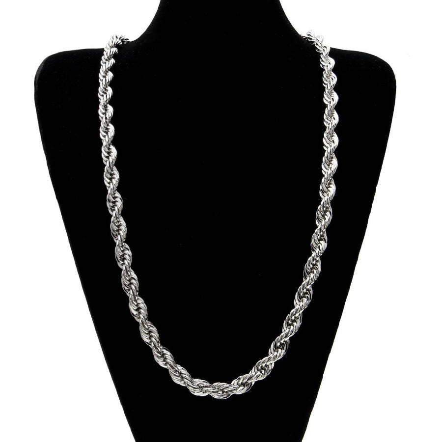 Silver-tone rope necklace on a black display bust