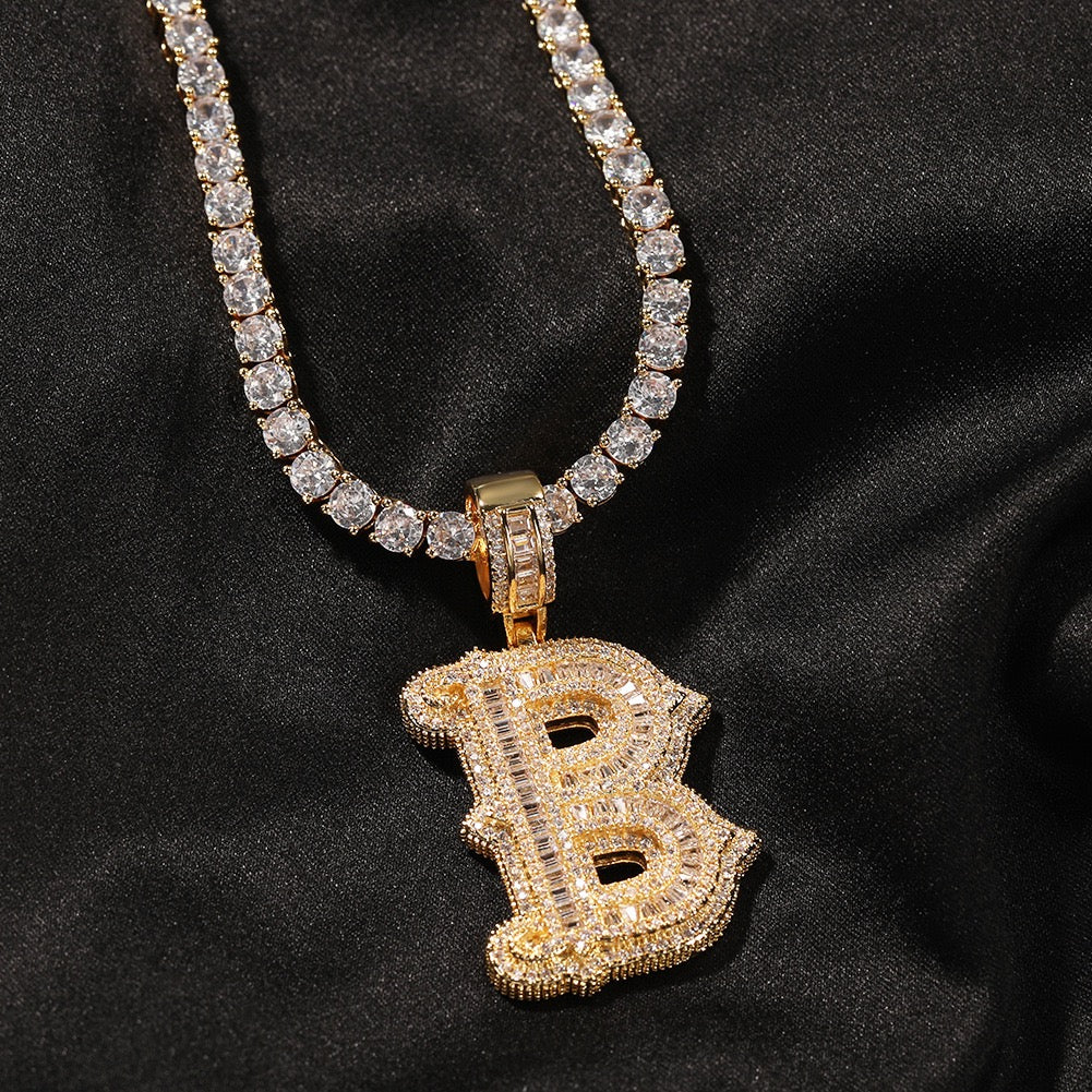 Iced Large Initial Pendant - baguette CZ- Miles Jewellery