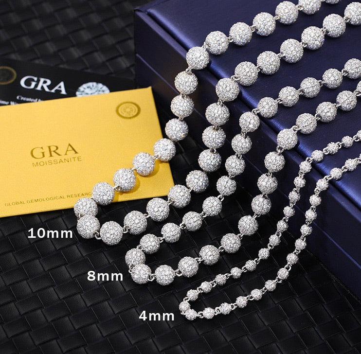 Iced Moissanite Bead Necklace - 925 Sterling Silver, 4mm 8mm 10mm- Miles Jewellery