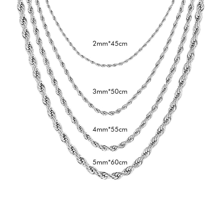 Silver-tone rope chain comparison: 2 mm x 45 cm, 3 mm x 50 cm, 4 mm x 55 cm and 5 mm x 60 cm