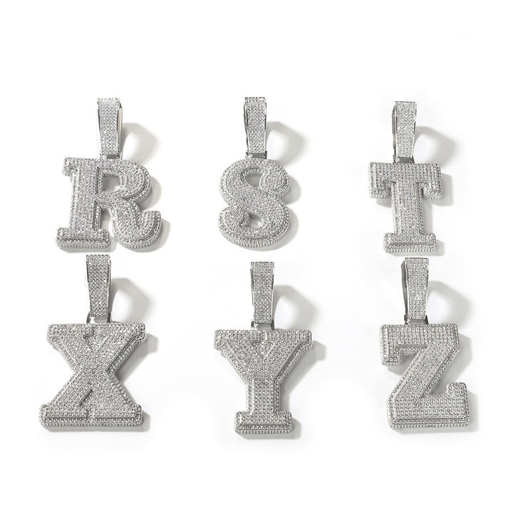 Silver-tone stone-set number and letter pendants arranged in rows