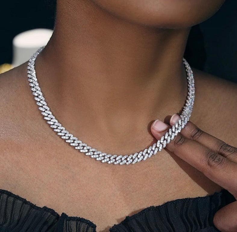Woman wearing sparkling diamond tennis chain necklace, hip hop jewelry style - Miles Jewellery
