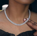 Woman wearing sparkling diamond tennis chain necklace, hip hop jewelry style - Miles Jewellery