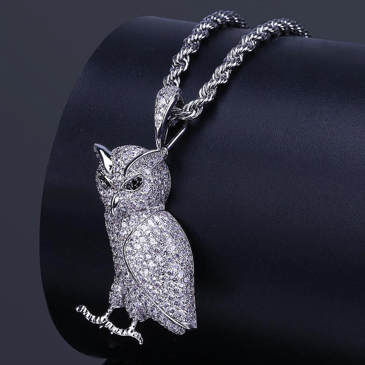 Silver-tone stone-set owl pendant on a rope chain over a black display