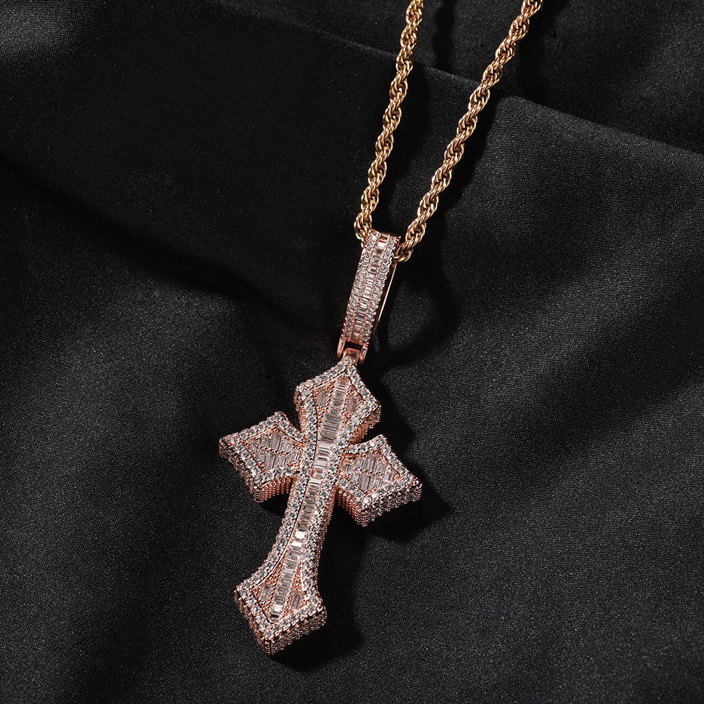Iced Cross Pendant with Baguette Zircon Stones