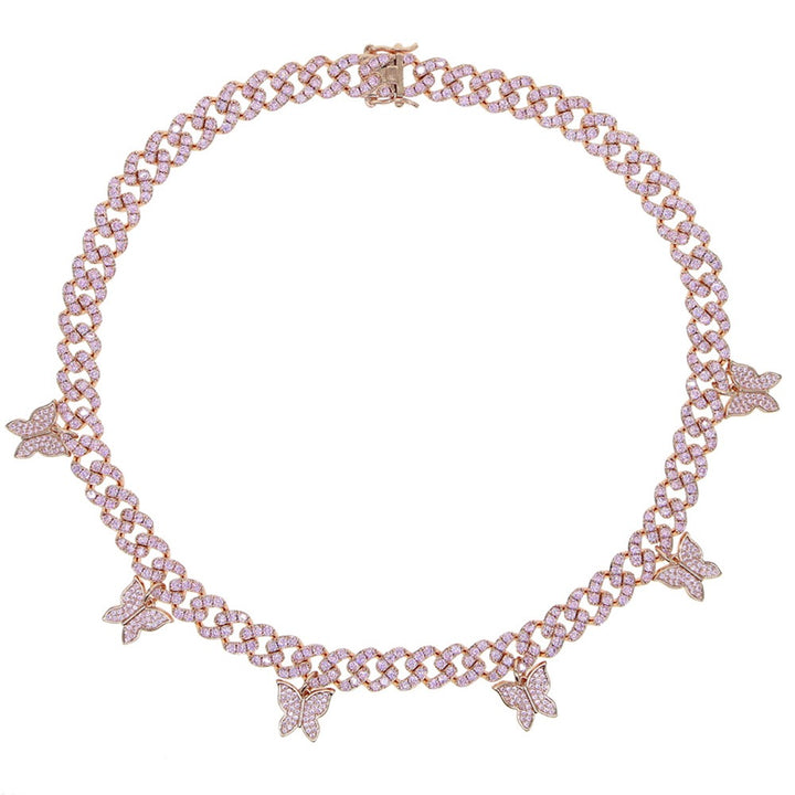 Pink-tone stone-set Cuban link necklace with butterfly accents