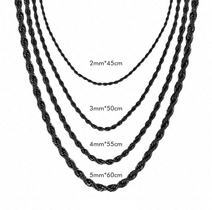 Black rope chain comparison: 2 mm x 45 cm, 3 mm x 50 cm, 4 mm x 55 cm and 5 mm x 60 cm