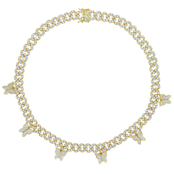 Gold-tone stone-set Cuban link necklace with butterfly accents