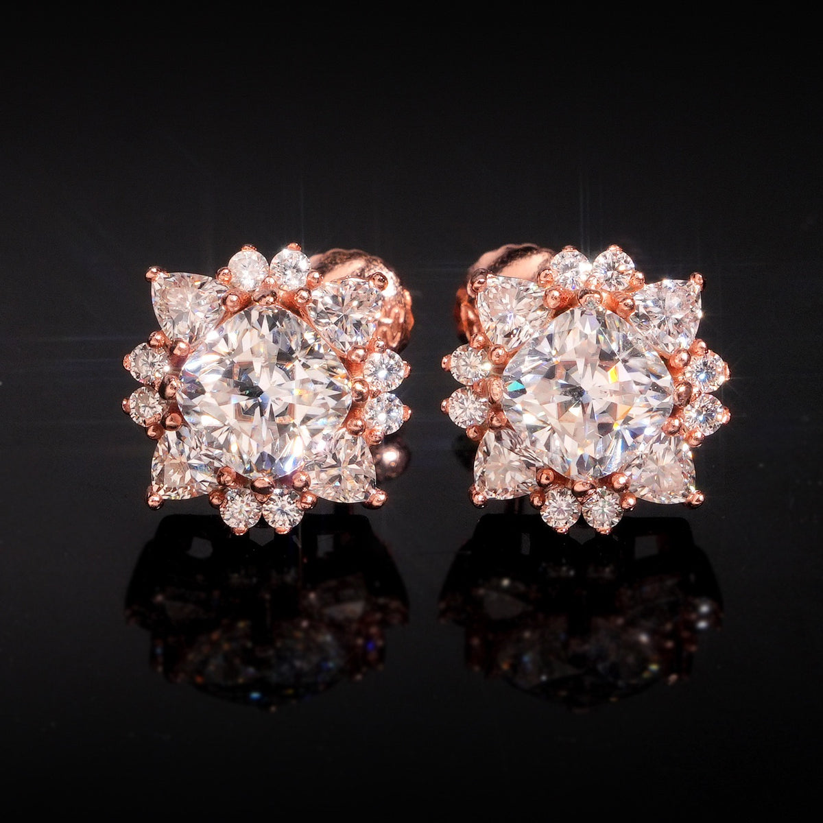 Moissanite Center Stone Flower Stud Earrings Screw Back - 925 Sterling Silver