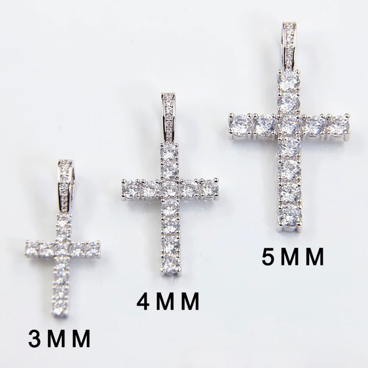Silver-tone cross pendants comparing stone sizes labelled 3mm, 4mm and 5mm