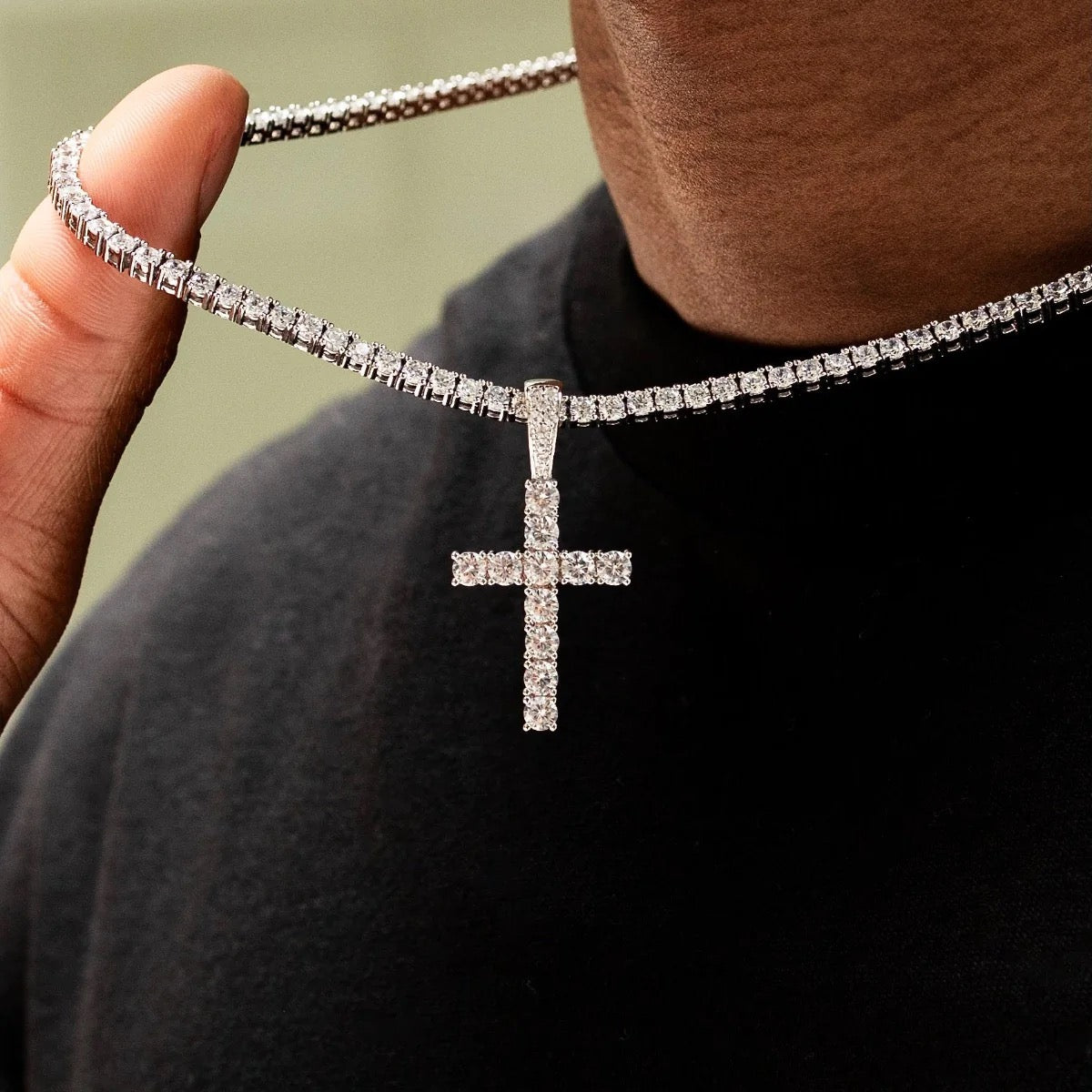 Iced Out 3mm Moissanite Cross Pendant 925 Sterling Silver with 4mm Tennis Chain