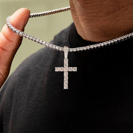 Iced Out 3mm Moissanite Cross Pendant 925 Sterling Silver with 4mm Tennis Chain