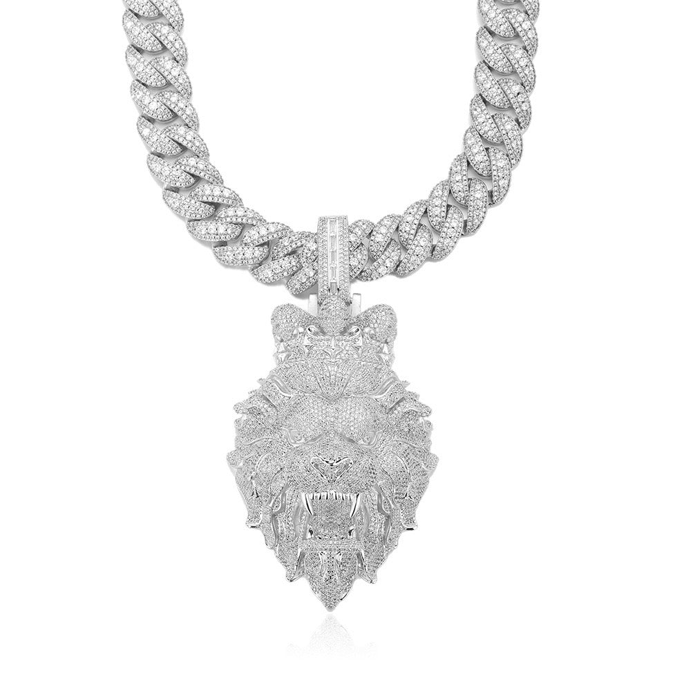 Silver necklace with a detailed wolf head pendant on a white background