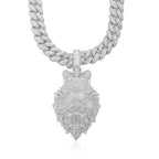 Silver necklace with a detailed wolf head pendant on a white background